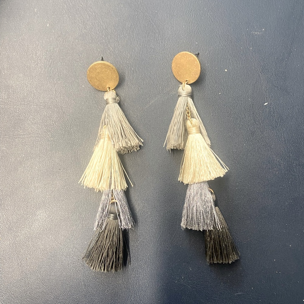 Black, Gray, and Cream Tassel Earrings